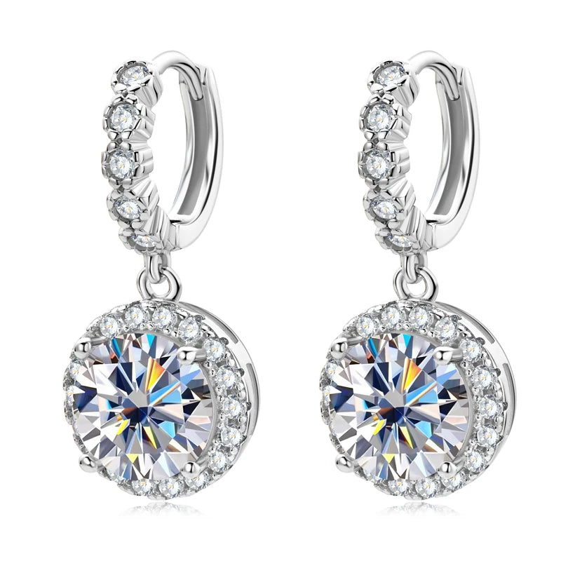 Round Halo Moissanite Huggie Drop Earrings in Sterling Silver — Silver pair