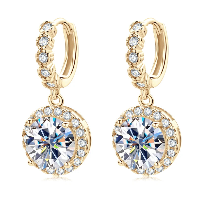 Round Halo Moissanite Huggie Drop Earrings in Sterling Silver — Gold-tone finish