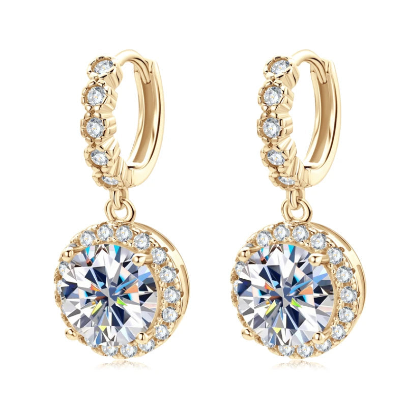 Round Halo Moissanite Huggie Drop Earrings in Sterling Silver — Gold-tone pair