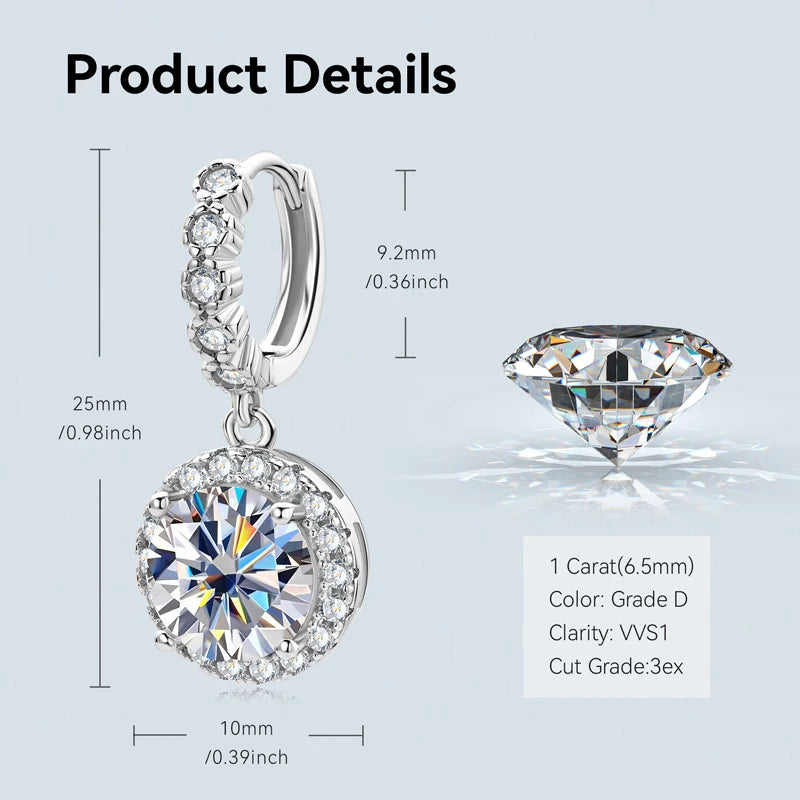 Round Halo Moissanite Huggie Drop Earrings in Sterling Silver — Silver dimensions
