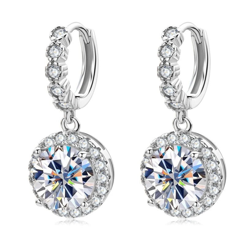 Round Halo Moissanite Huggie Drop Earrings in Sterling Silver — Silver finish