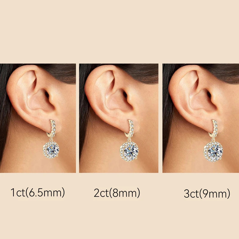 Round Halo Moissanite Huggie Drop Earrings in Sterling Silver — Stone-size comparison