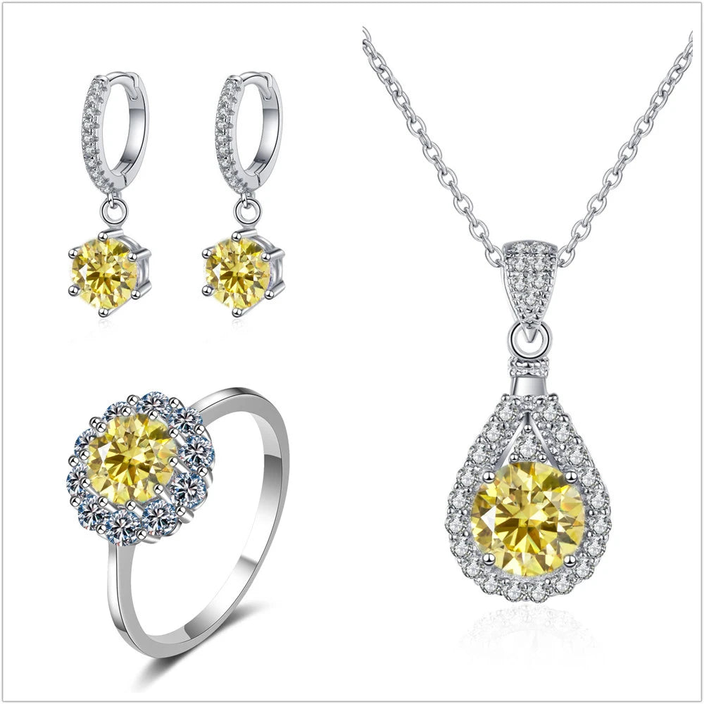 Colorful Halo Moissanite Ring, Drop Earrings & Necklace Set — Lemon Yellow set