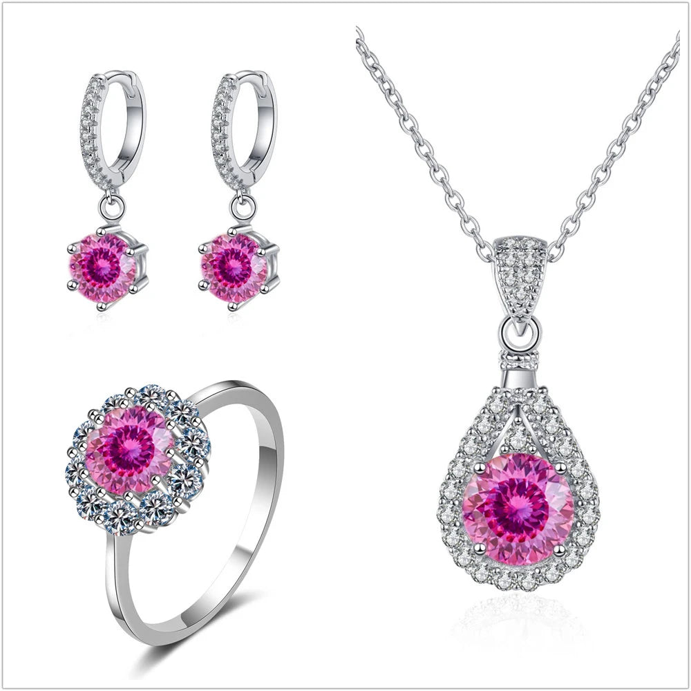 Colorful Halo Moissanite Ring, Drop Earrings & Necklace Set — Pink Love Cut set