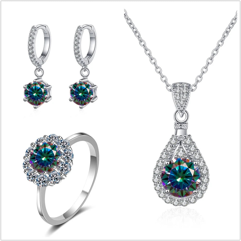 Colorful Halo Moissanite Ring, Drop Earrings & Necklace Set — Rainbow set