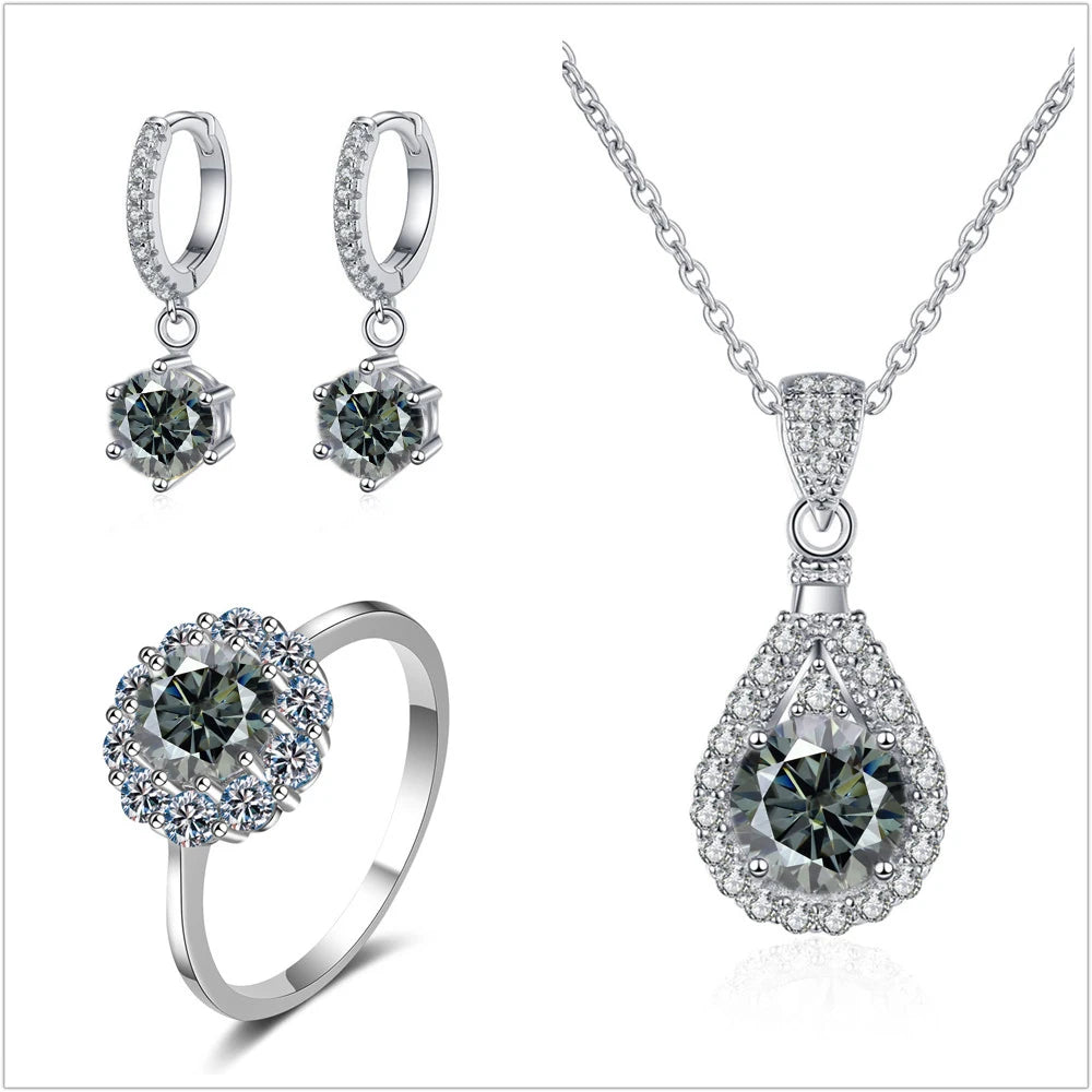 Colorful Halo Moissanite Ring, Drop Earrings & Necklace Set — Gray set