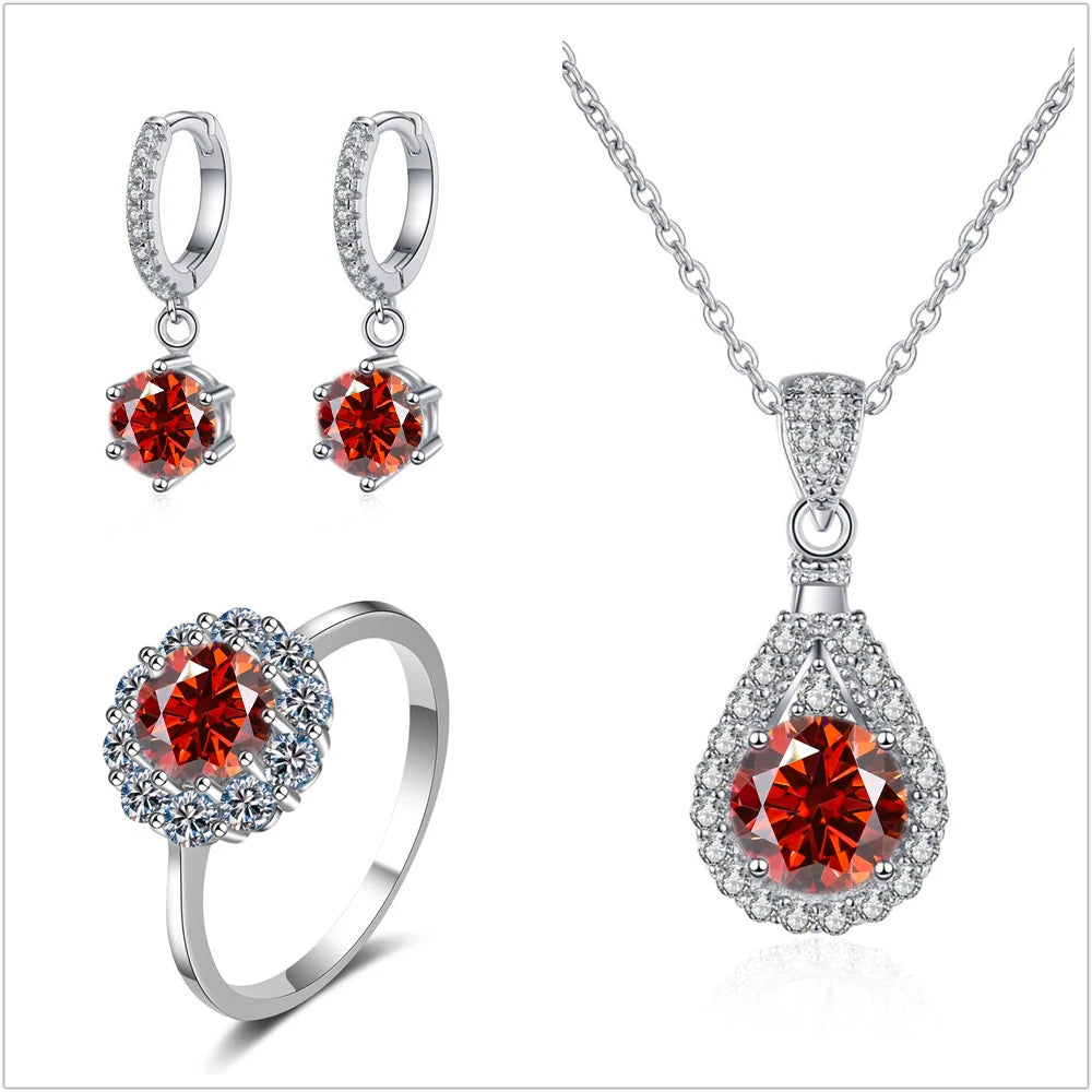 Colorful Halo Moissanite Ring, Drop Earrings & Necklace Set — Red set