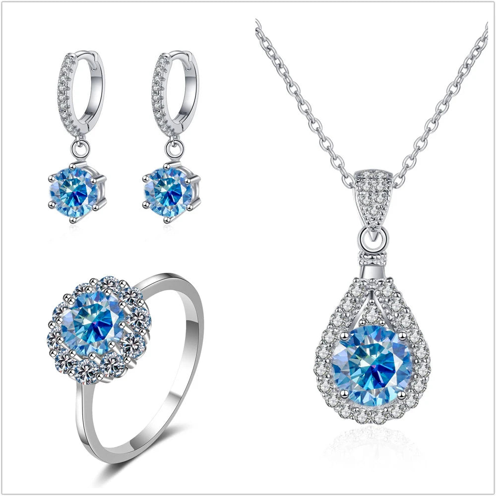Colorful Halo Moissanite Ring, Drop Earrings & Necklace Set — Royal Blue halo ring, drop earrings and necklace