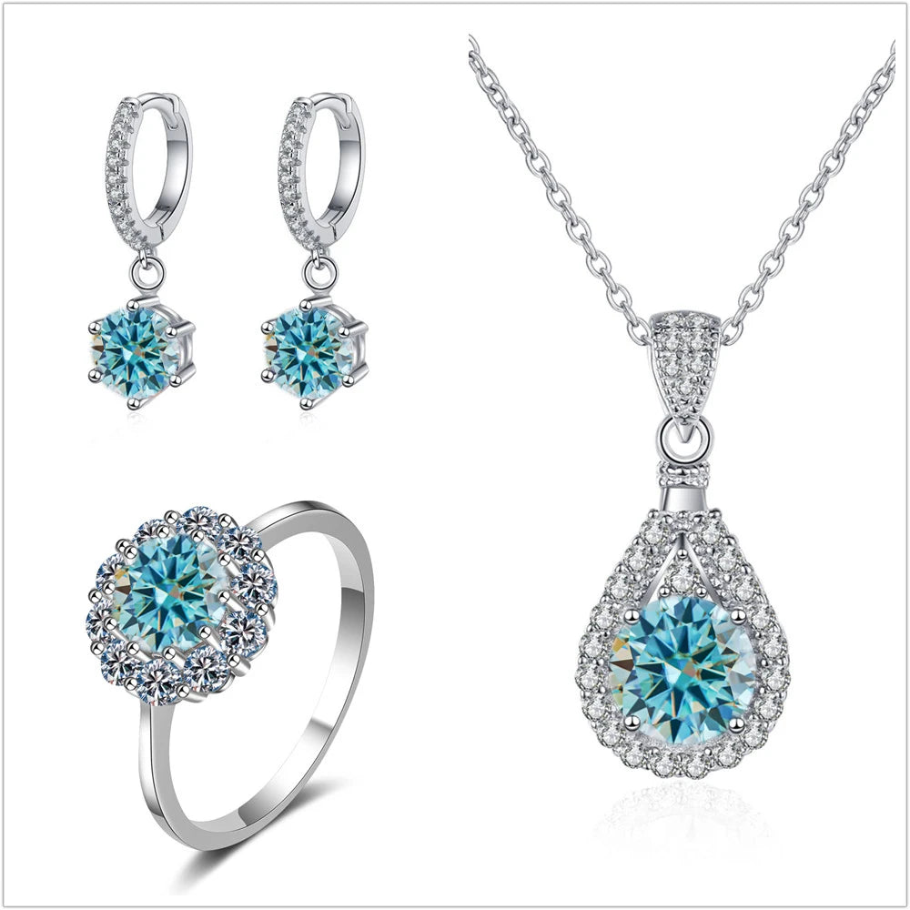 Colorful Halo Moissanite Ring, Drop Earrings & Necklace Set — Blue set
