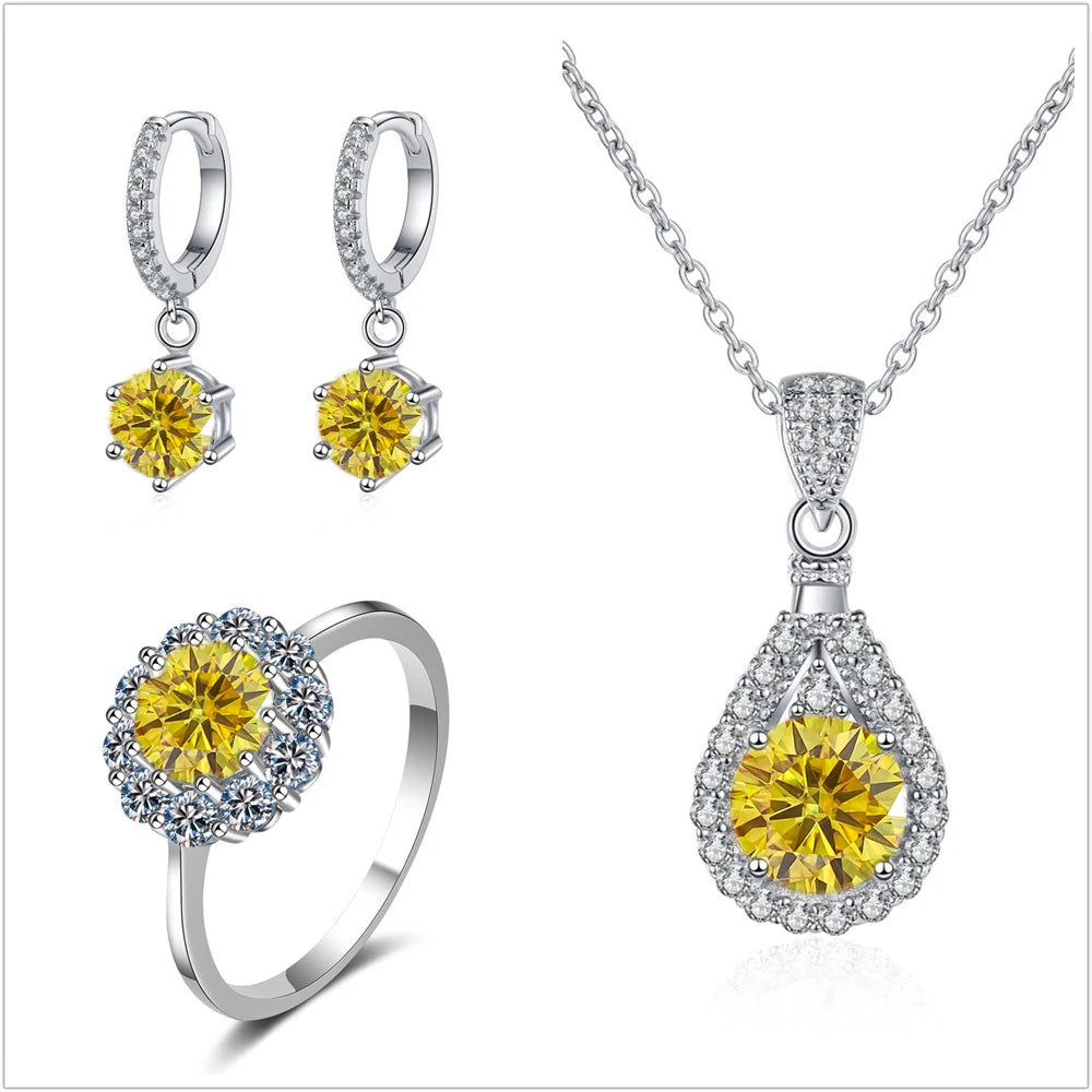 Colorful Halo Moissanite Ring, Drop Earrings & Necklace Set — Golden Yellow set