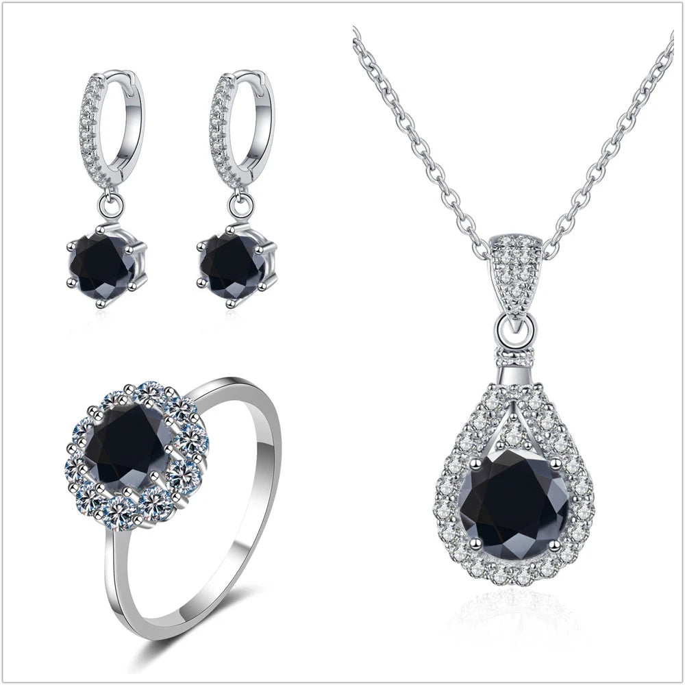 Colorful Halo Moissanite Ring, Drop Earrings & Necklace Set — Black set