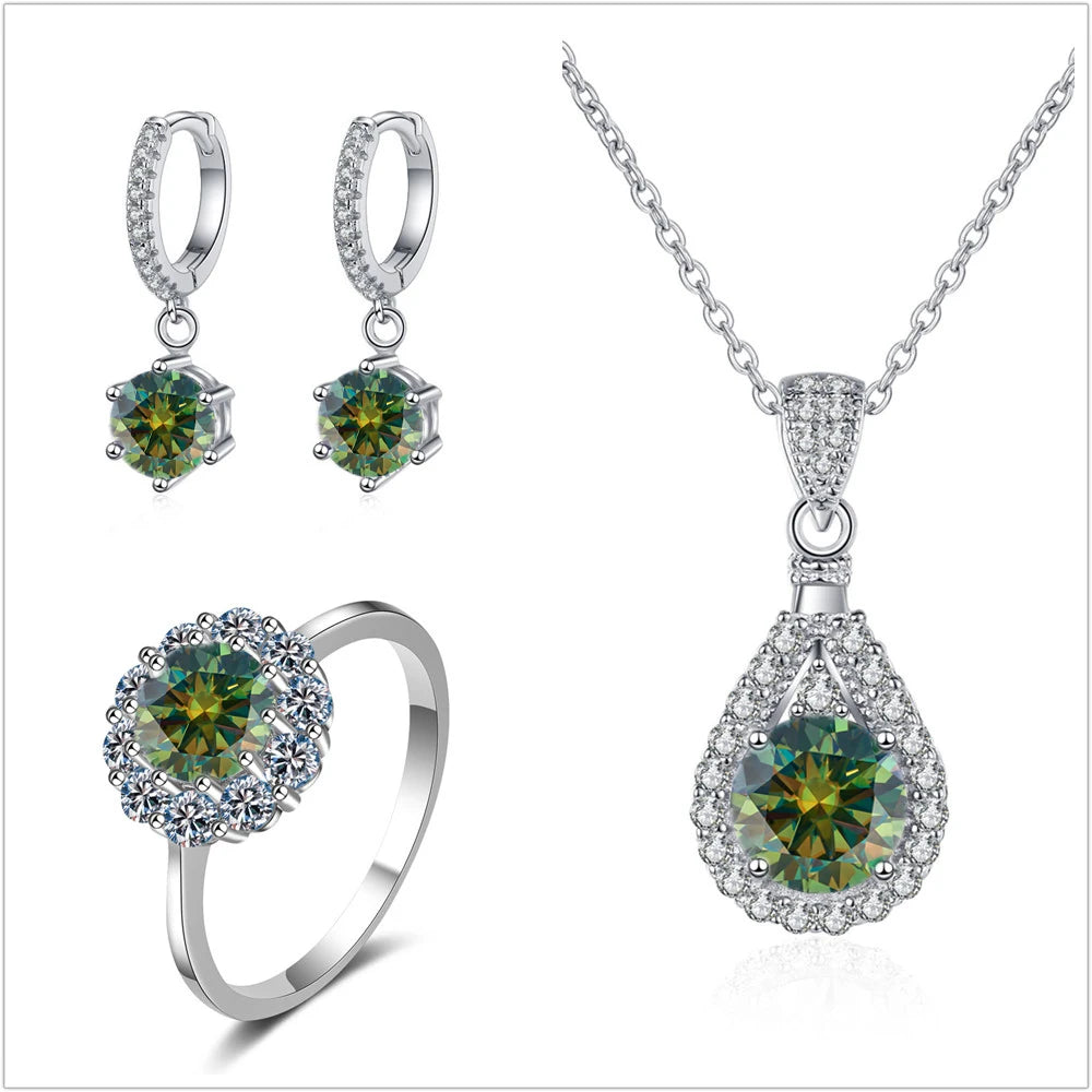 Colorful Halo Moissanite Ring, Drop Earrings & Necklace Set — Dark Green set