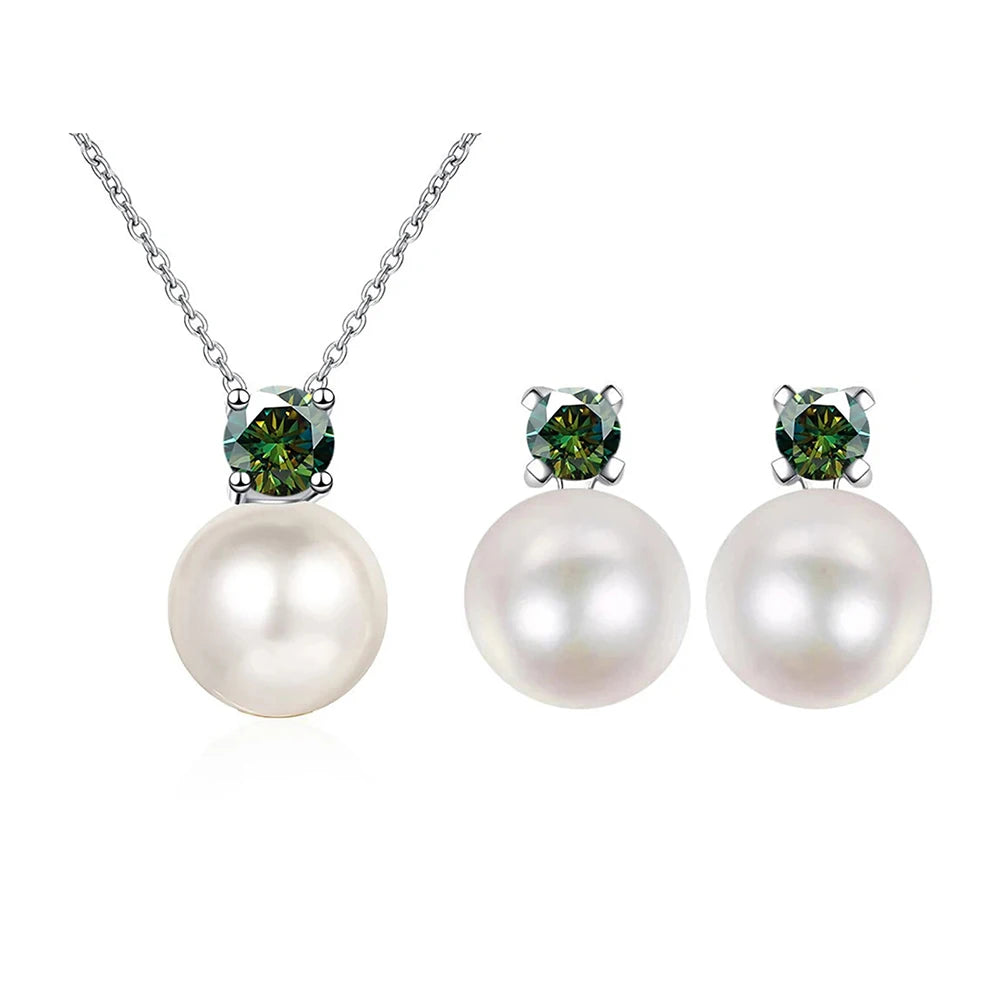 Freshwater Pearl & Moissanite Necklace and Earring Set — Dark green set