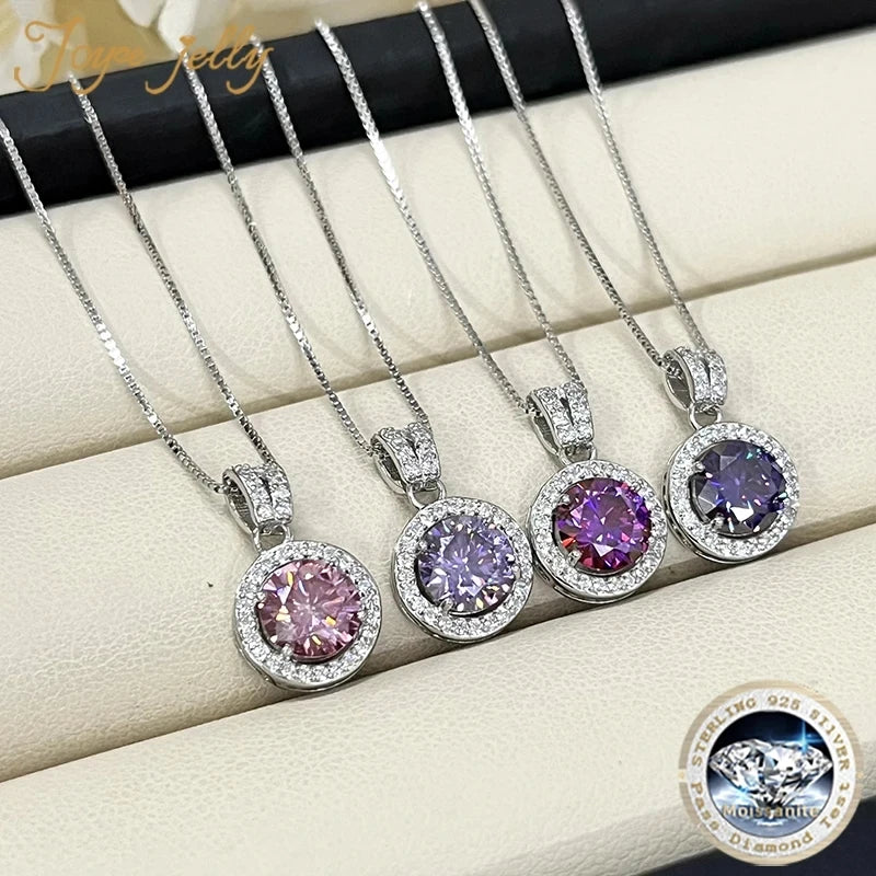 Colored Halo Moissanite Necklace & Drop Earrings Set in Silver — Purple and pink color comparison