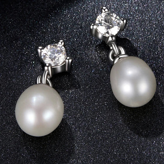 Moissanite Pearl-Effect Drop Stud Earrings in Sterling Silver — Round stones and pearl-effect beads
