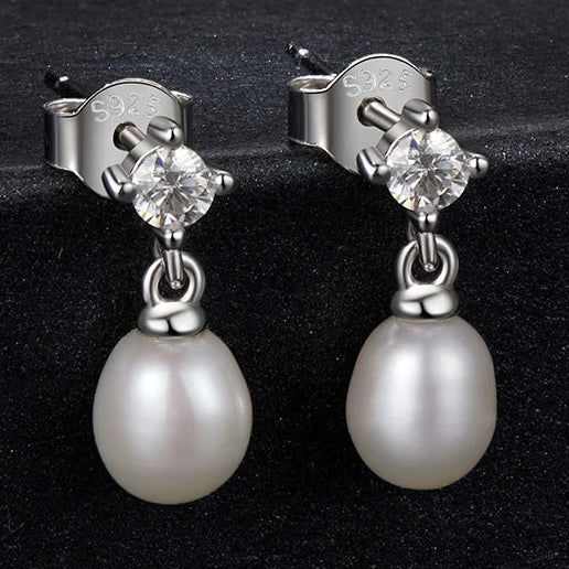 Moissanite Pearl-Effect Drop Stud Earrings in Sterling Silver — Moissanite studs and oval pearl-effect drops
