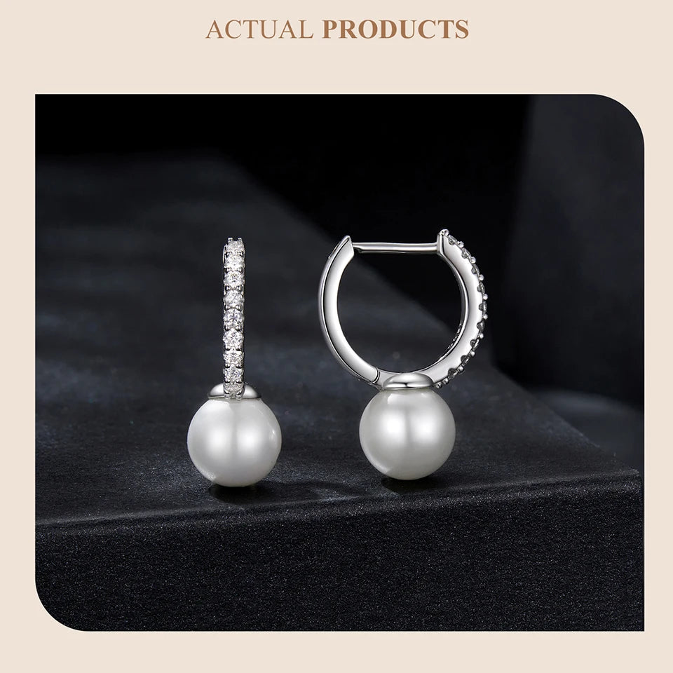 Moissanite Shell Pearl Drop Hoop Earrings in Sterling Silver — Shell pearl earring pair — BandsCo Straps