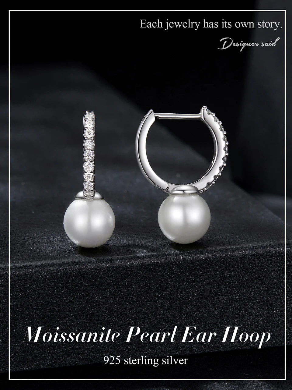 Moissanite Shell Pearl Drop Hoop Earrings in Sterling Silver — Moissanite hoops and pearl drops — BandsCo Straps