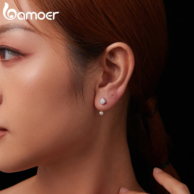 Moissanite Pearl-Effect Ear Jacket Studs in Sterling Silver — Ear jackets worn on the ear