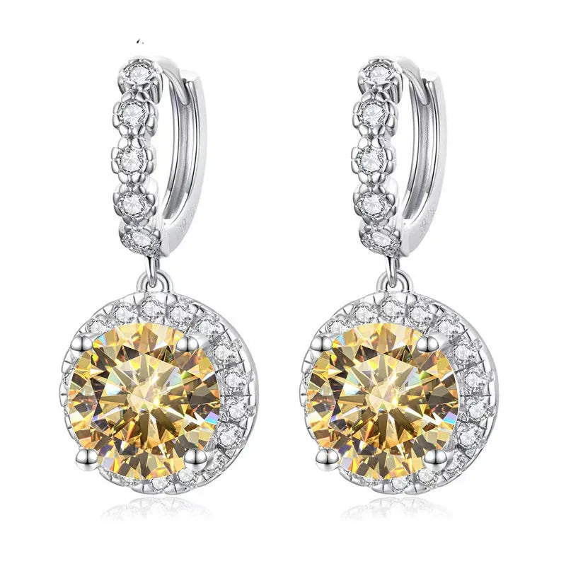 Colored Round Halo Moissanite Hoop Drop Earrings — Champagne halo drops