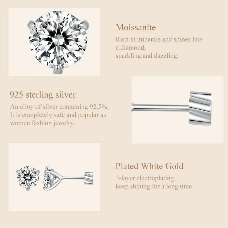 Three-Prong Moissanite Push-Back Stud Earrings in Silver — Metal and stone information