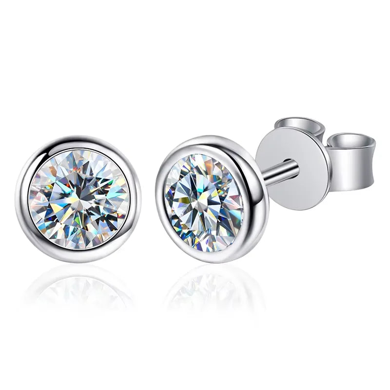 Round Bezel Moissanite Stud Earrings in Sterling Silver — Round bezel stud pair