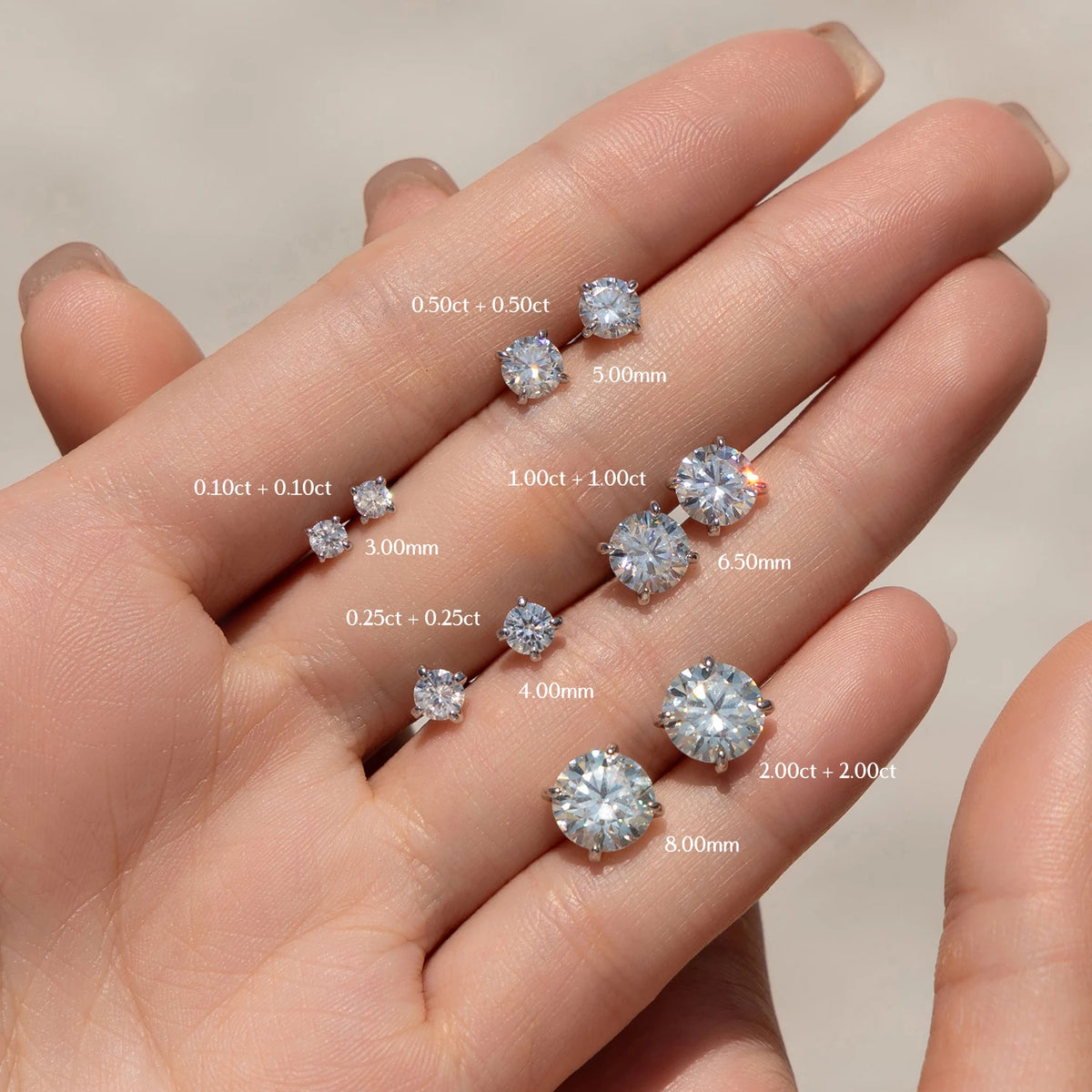 Four-Prong Round Moissanite Stud Earrings in Sterling Silver - Labeled stone size comparison on hand