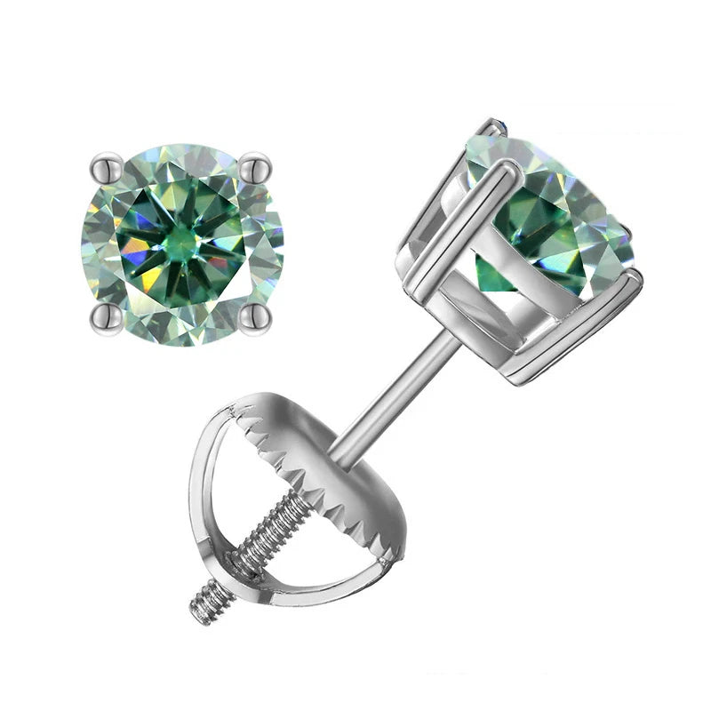Colored Four-Prong Moissanite Screw-Back Stud Earrings — Blue green