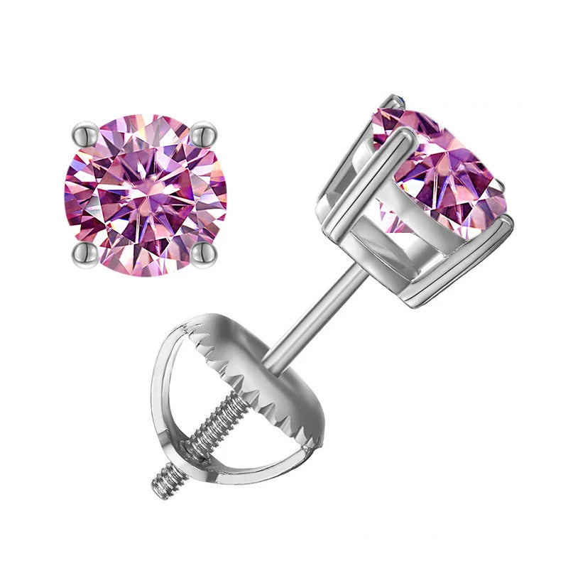 Colored Four-Prong Moissanite Screw-Back Stud Earrings — Pink