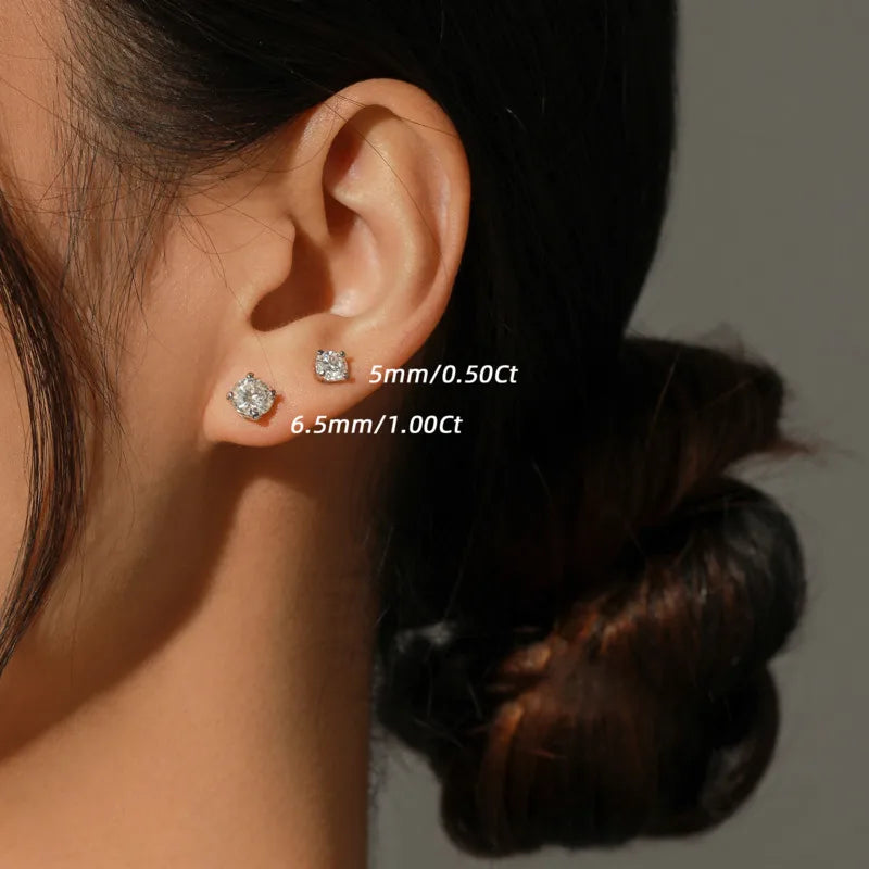 Colored Four-Prong Moissanite Screw-Back Stud Earrings — Sizes shown on ear
