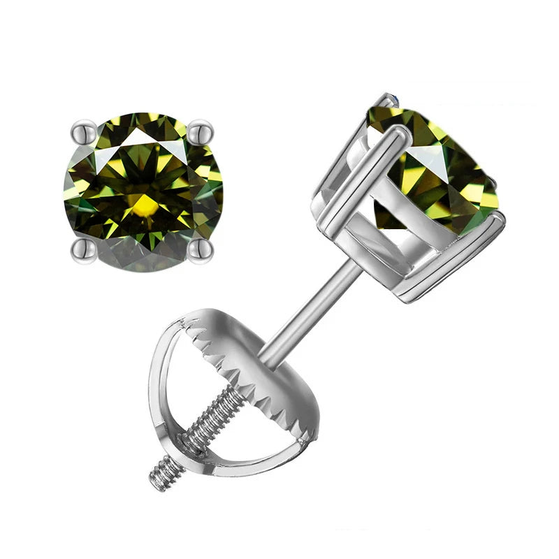 Colored Four-Prong Moissanite Screw-Back Stud Earrings — Yellow green