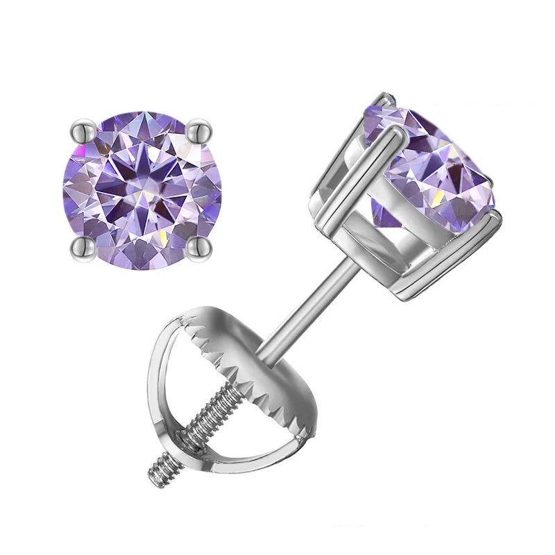 Colored Four-Prong Moissanite Screw-Back Stud Earrings — Light purple
