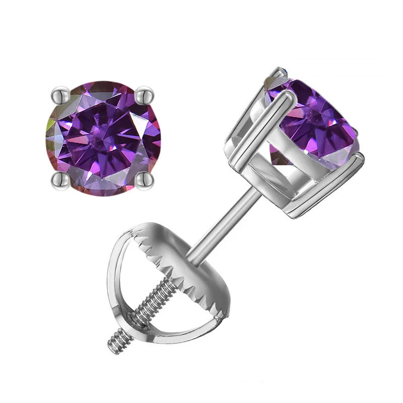 Colored Four-Prong Moissanite Screw-Back Stud Earrings — Purplish red