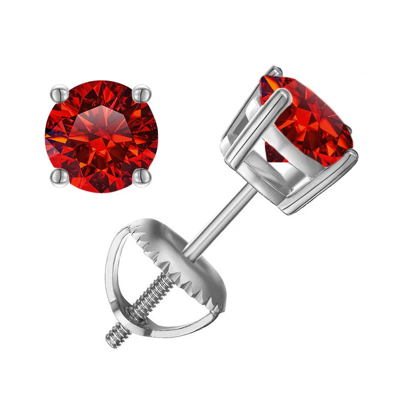 Colored Four-Prong Moissanite Screw-Back Stud Earrings — Red