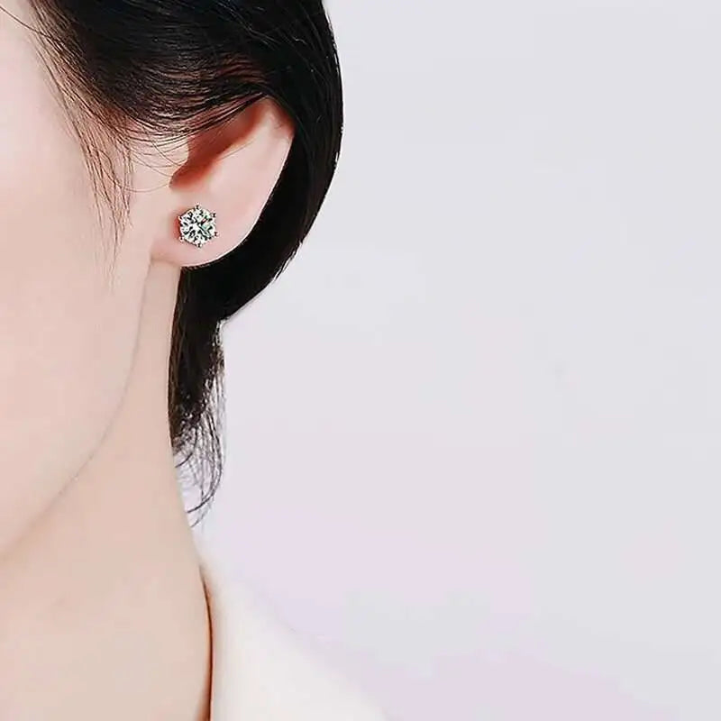Moissanite screw-back stud earrings in sterling silver — White stones shown worn