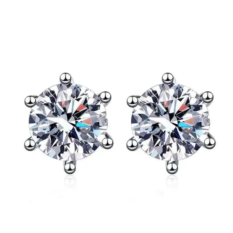 Moissanite screw-back stud earrings in sterling silver — White-stone six-prong detail