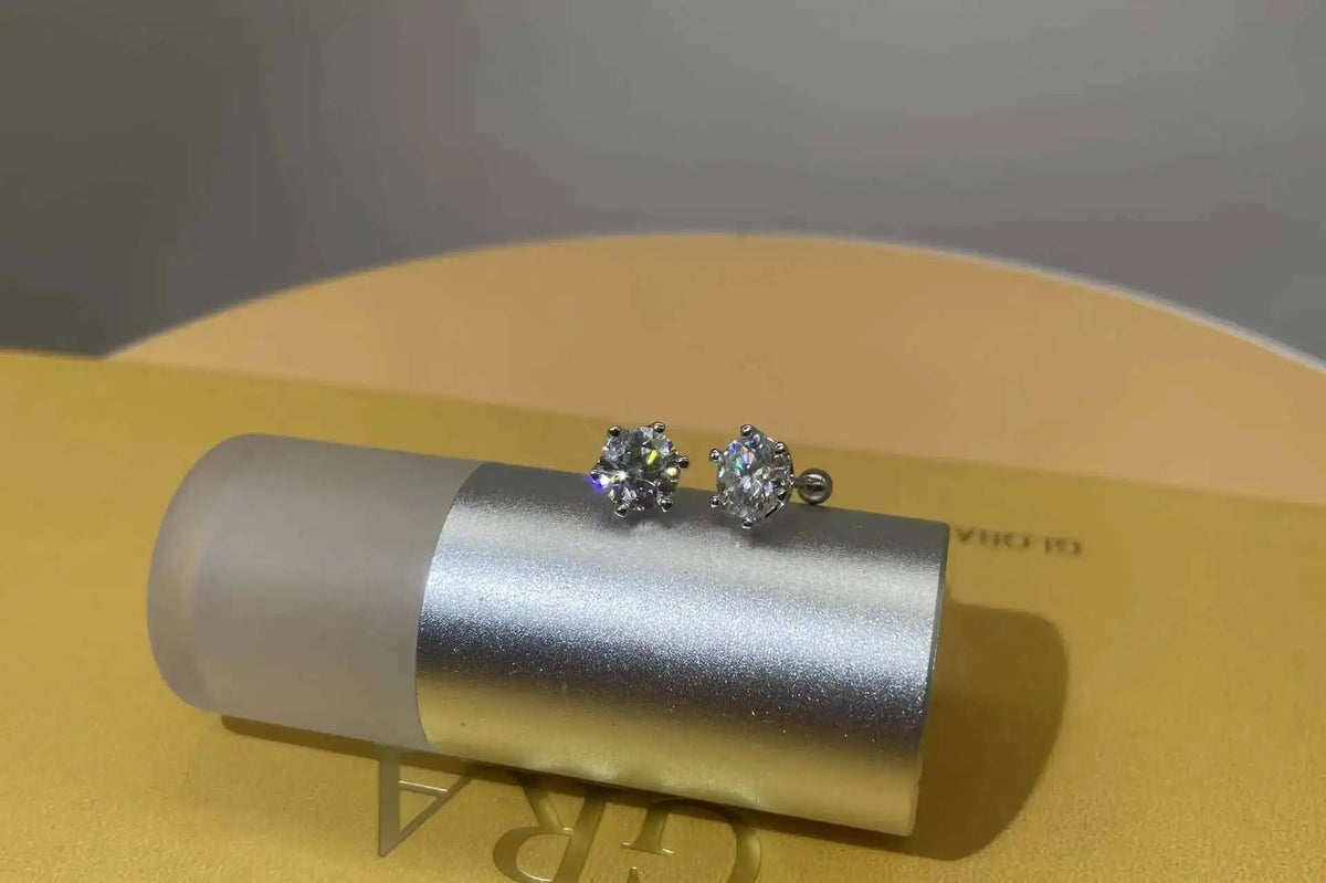 Moissanite screw-back stud earrings in sterling silver — White-stone scale view
