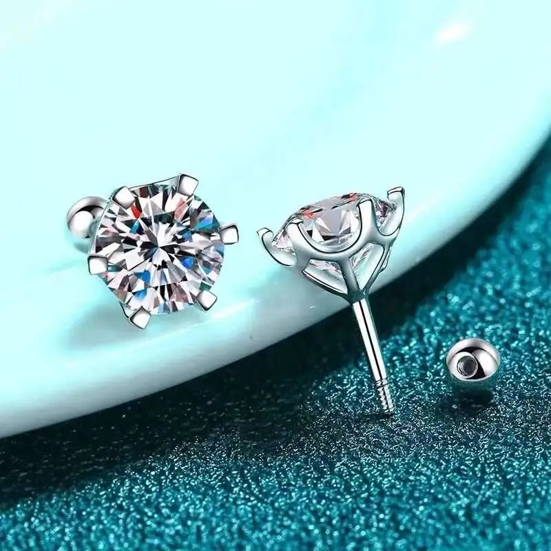 Moissanite screw-back stud earrings in sterling silver — Removable ball-back detail