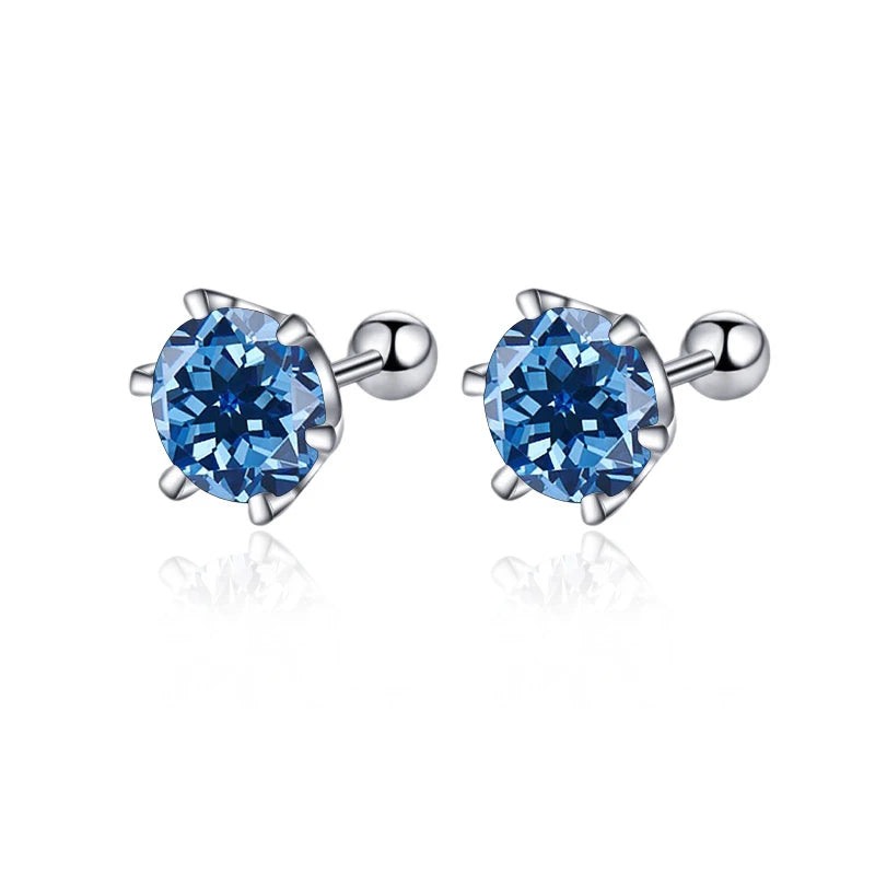 Colored Moissanite Screw Ball-Back Stud Earrings - Royal blue stones