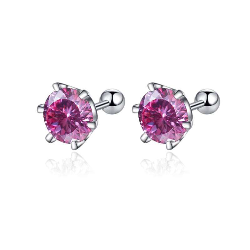 Colored Moissanite Screw Ball-Back Stud Earrings - Pink 100 Series stones