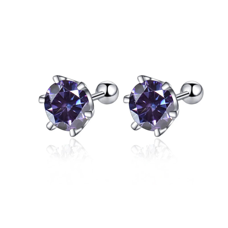 Colored Moissanite Screw Ball-Back Stud Earrings - Violet stones