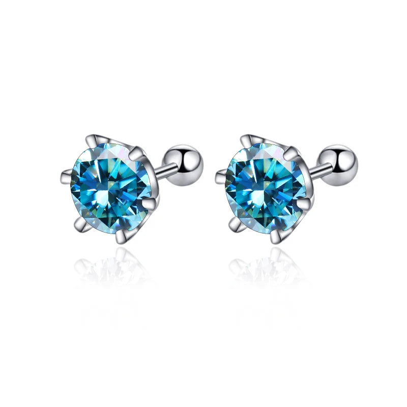 Colored Moissanite Screw Ball-Back Stud Earrings - Sea blue stones