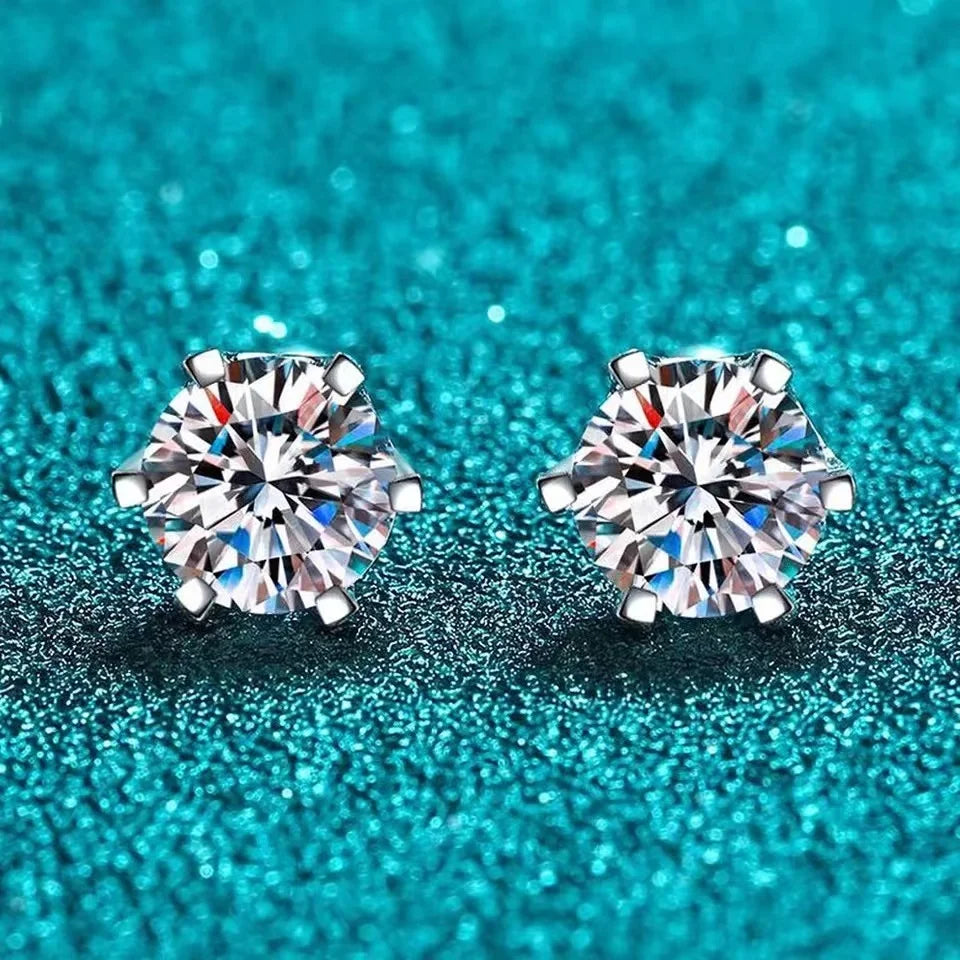 Six-Prong Moissanite Ball-Back Stud Earrings - front view on blue