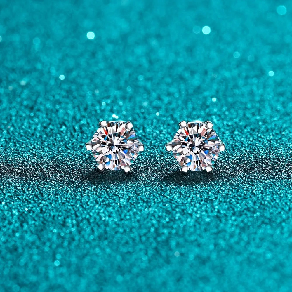 Six-Prong Moissanite Ball-Back Stud Earrings - round stone close-up