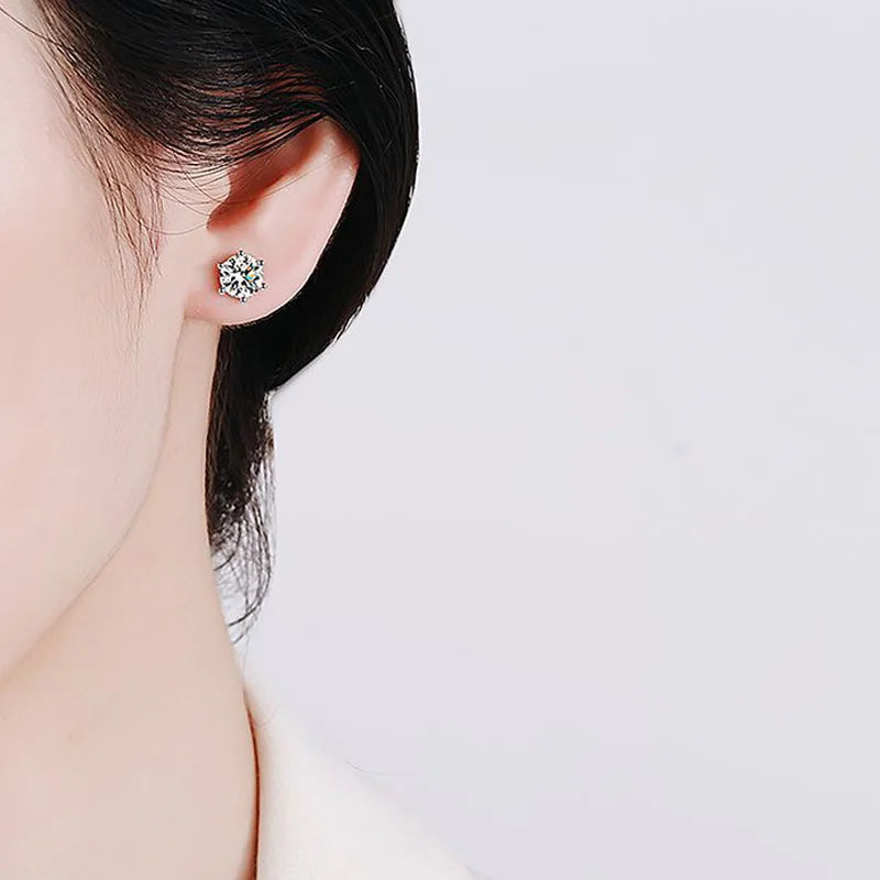 Six-Prong Moissanite Ball-Back Stud Earrings - worn view