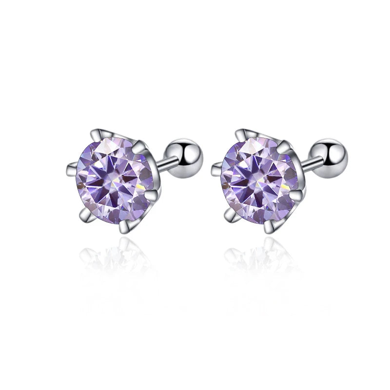 Colored Moissanite Screw Ball-Back Stud Earrings - Light purple stones