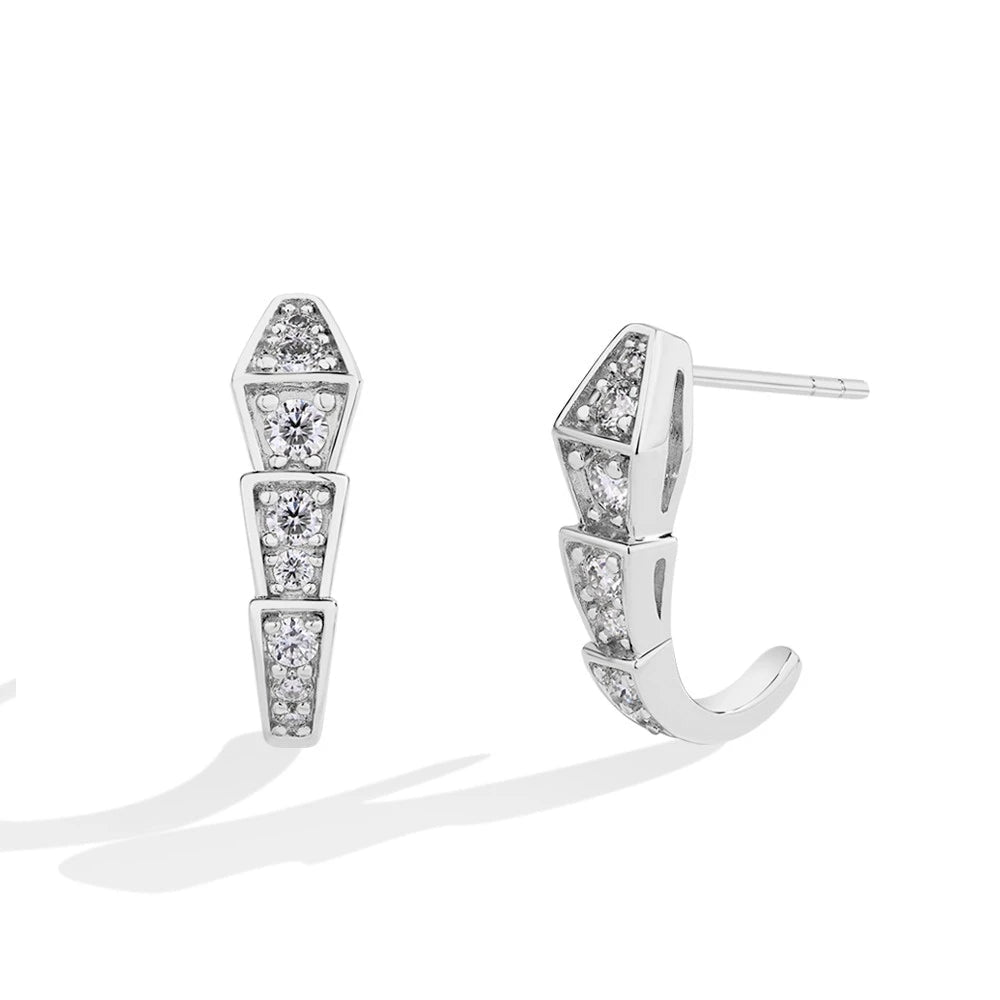 Moissanite Geometric J-Hoop Earrings in Sterling Silver — Silver Tone — BandsCo Straps