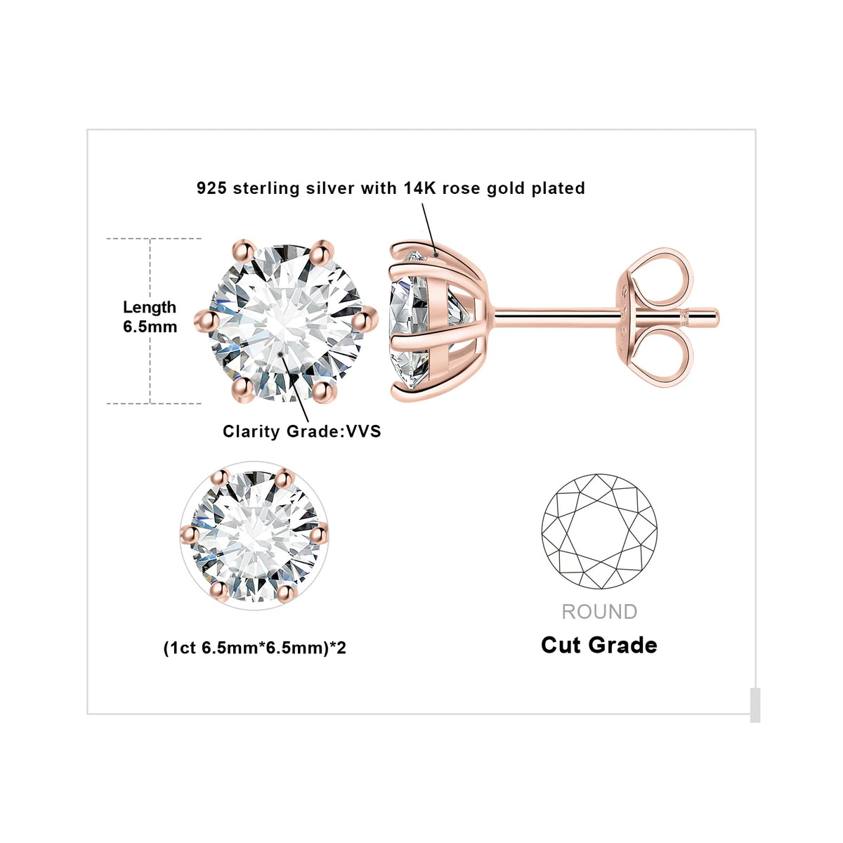 Round Moissanite Solitaire Stud Earrings in Three Metal Finishes — Rose gold-tone center-stone diagram