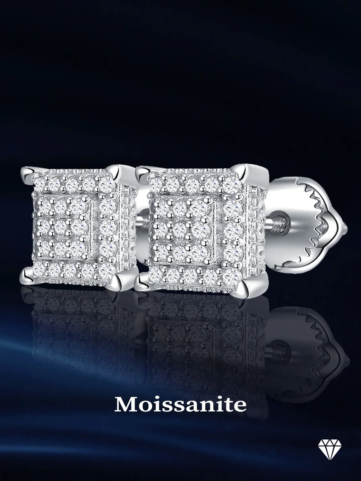 Square Pavé Moissanite Stud Earrings in Sterling Silver - Pave faces and backs