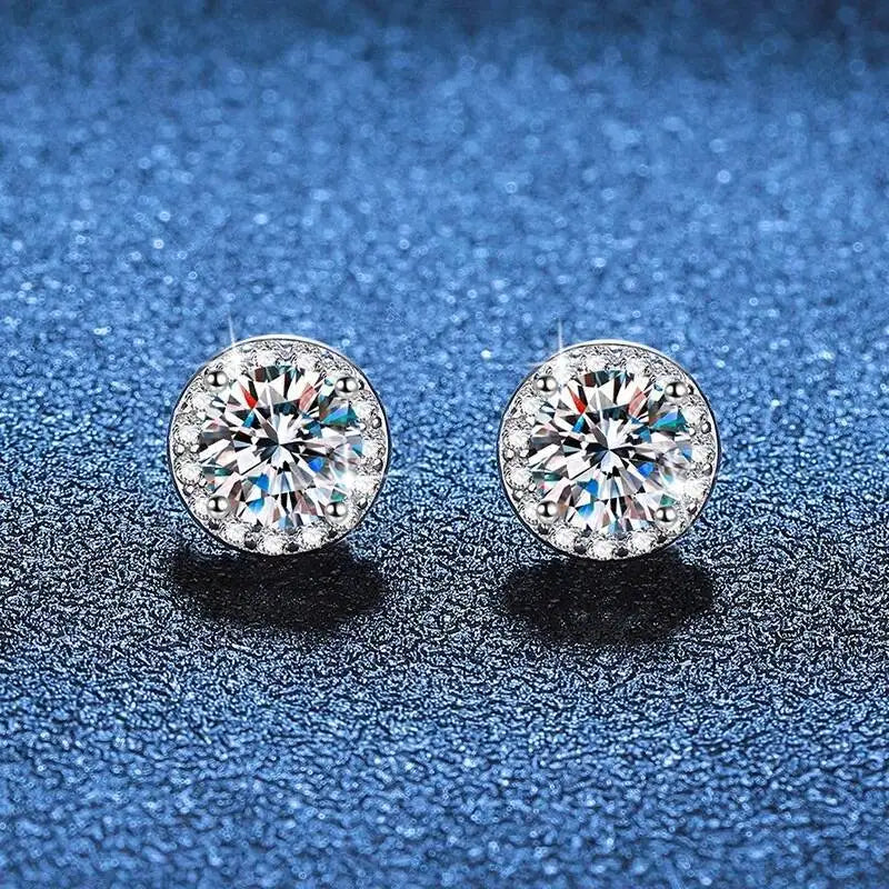 Round Halo Moissanite Non-Pierced Earrings in Silver — Halo pair from front